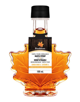 BIODELICES maple syrup leaf bottle on display for premium breakfast