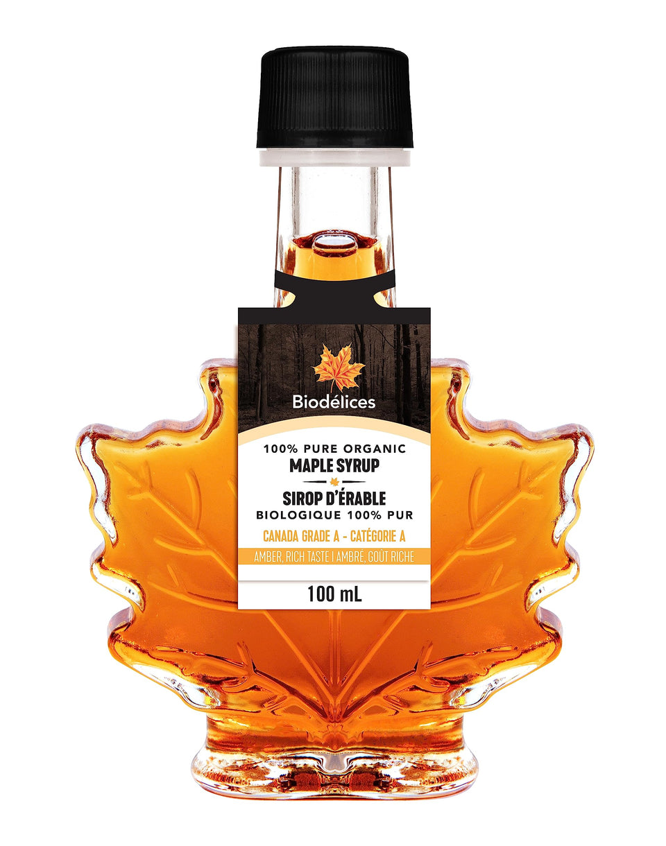 BIODELICES maple syrup leaf bottle on display for premium breakfast