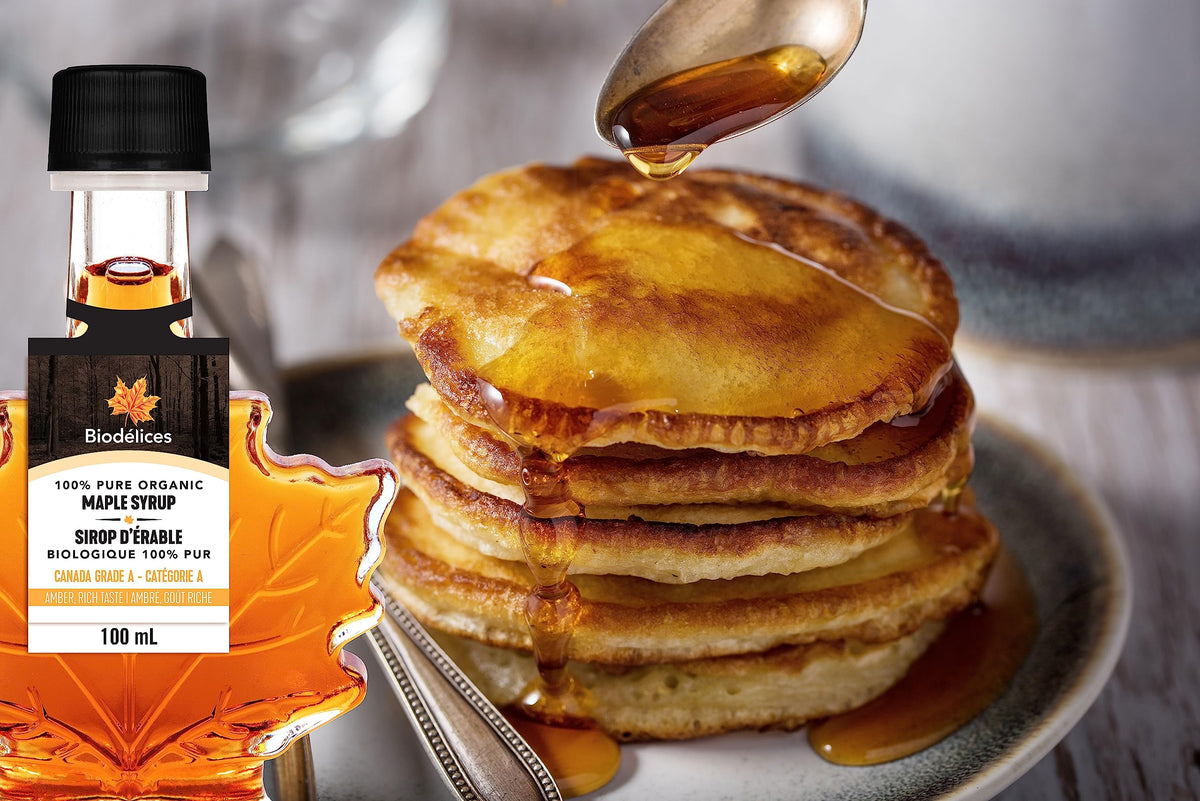 BIODELICES pour maple syrup over pancakes for a rich drizzle