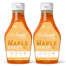 Biofoods Alusweet maple syrup bottle close-up, highlighting keto-friendly sweetness for breakfasts
