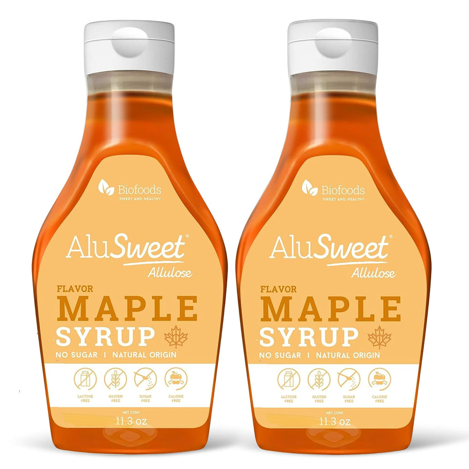 Biofoods Alusweet maple syrup bottle close-up, highlighting keto-friendly sweetness for breakfasts