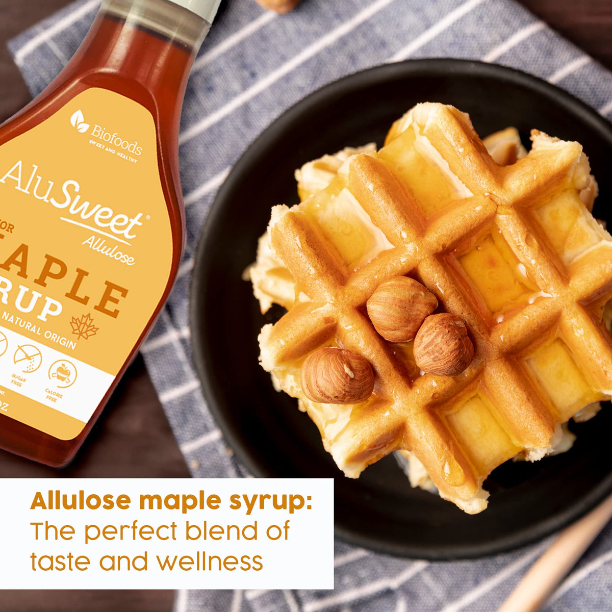 Pouring over waffles with Biofoods Alusweet, a low-carb syrup with no aftertaste