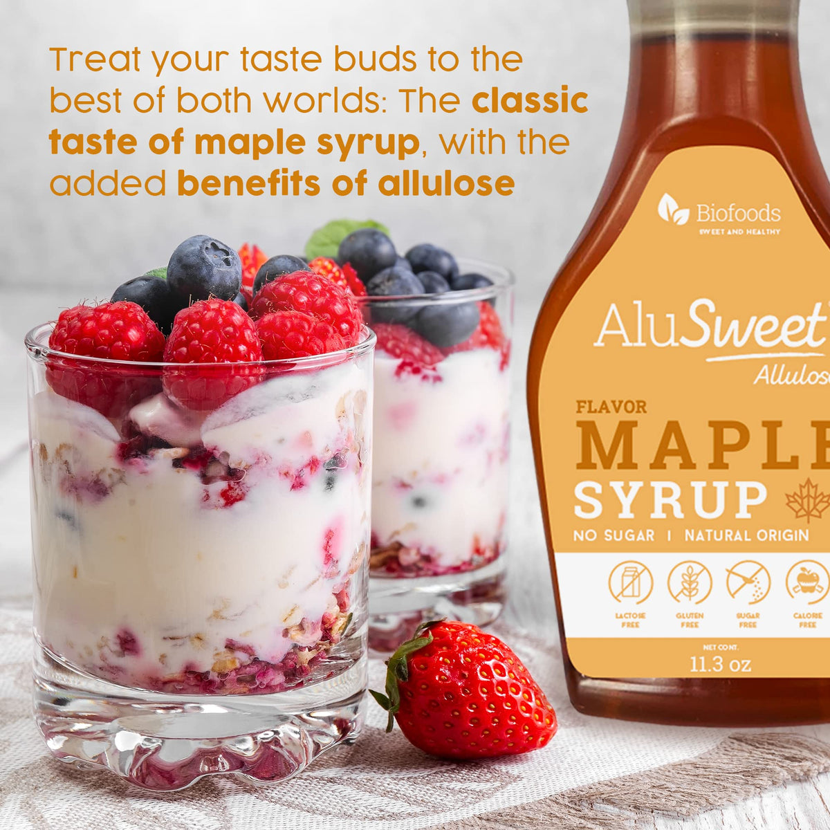Biofoods Alusweet bottle shows gluten-free and vegan labels for dietary-friendly choice