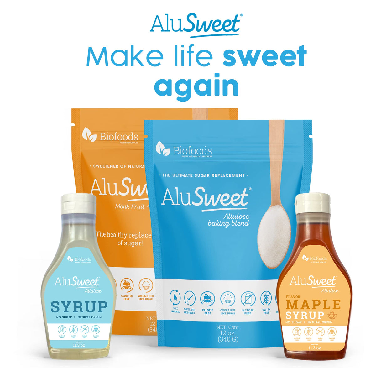 Biofoods Alusweet maple syrup close-up, rich color suggests authentic flavor without sugar guilt