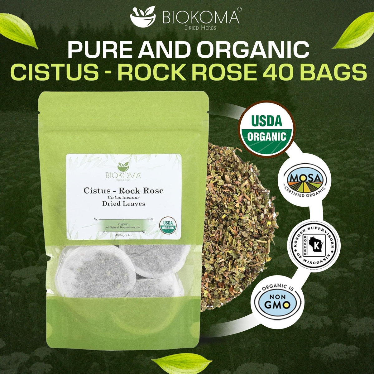 Close-up of dried Cistus incanus leaves for a natural, caffeine-free herbal option