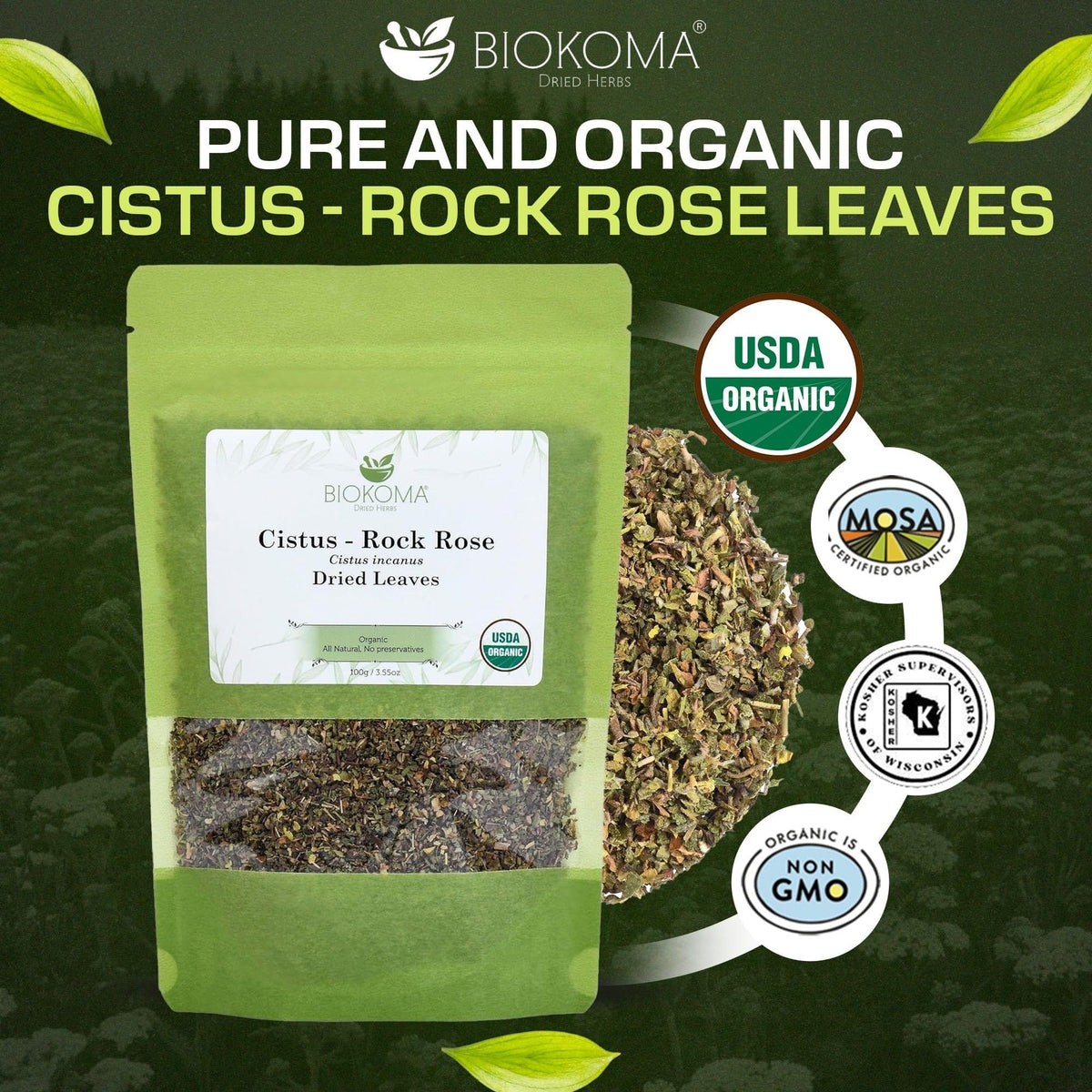 Close-up of Biokoma Cistus Rock Rose dried leaves for a pure herbal cup
