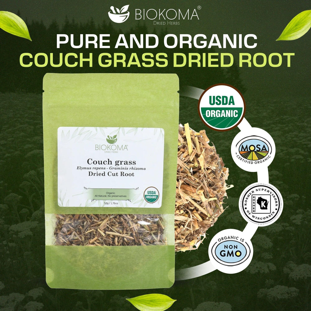 Biokoma organic couch grass pouch on kitchen counter, a convenient, resealable packaging.