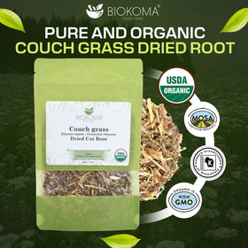 Biokoma organic couch grass pouch on kitchen counter, a convenient, resealable packaging.