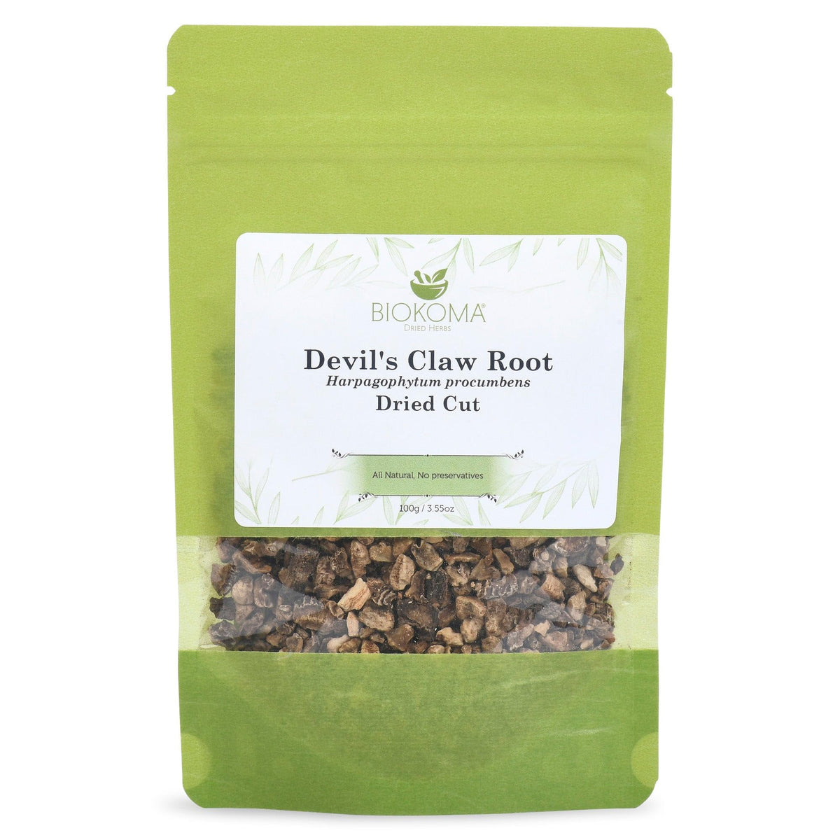 Biokoma Devil's Claw root dried cut in a resealable pouch for fresh tea.