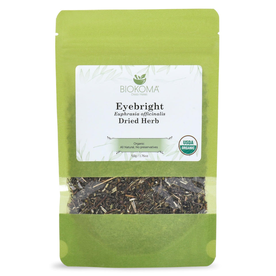 Biokoma Eyebright tea packaging highlights a resealable pouch for freshness.