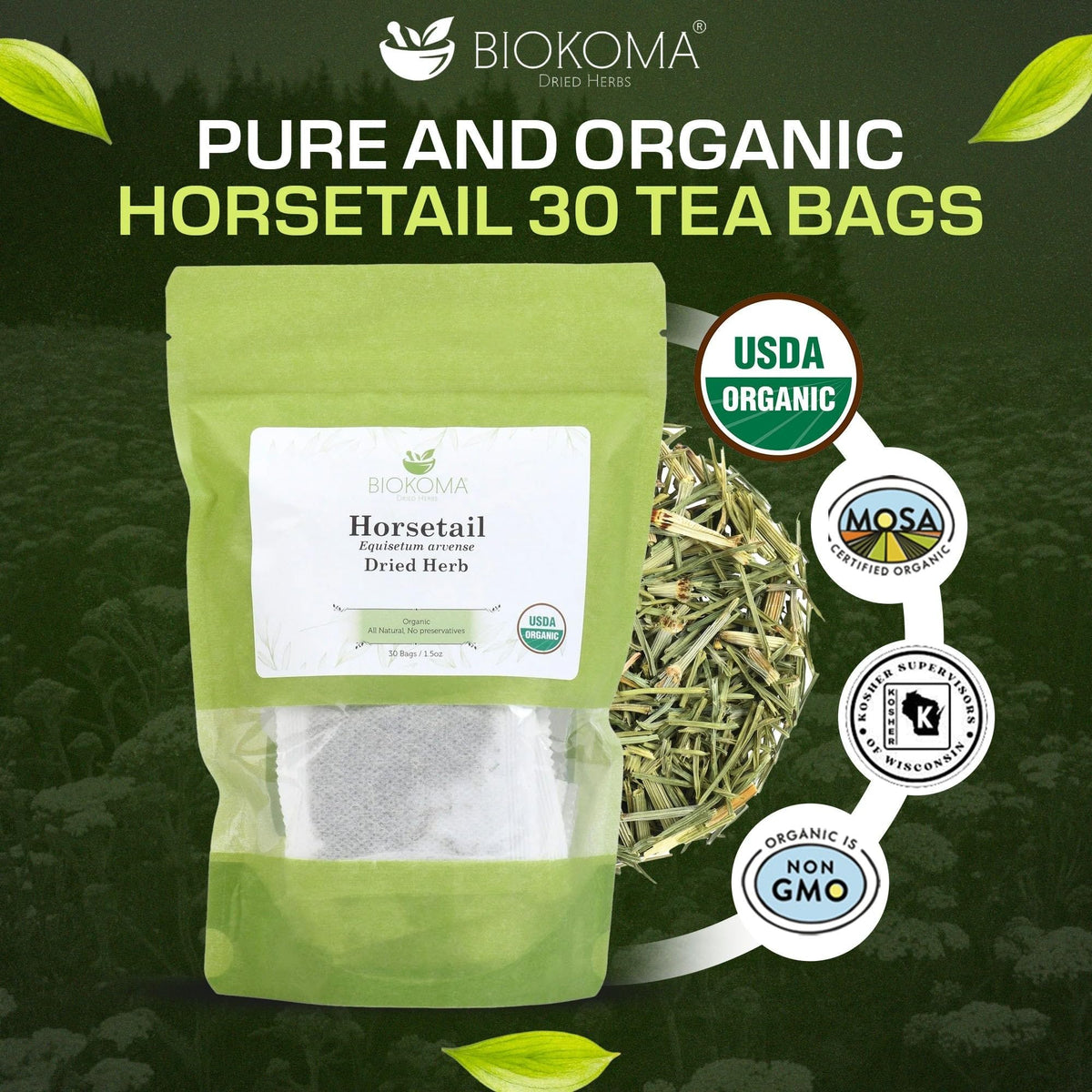Biokoma horsetail tea bags arranged, ready for a soothing caffeine-free infusion.