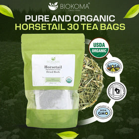 Biokoma horsetail tea bags arranged, ready for a soothing caffeine-free infusion.