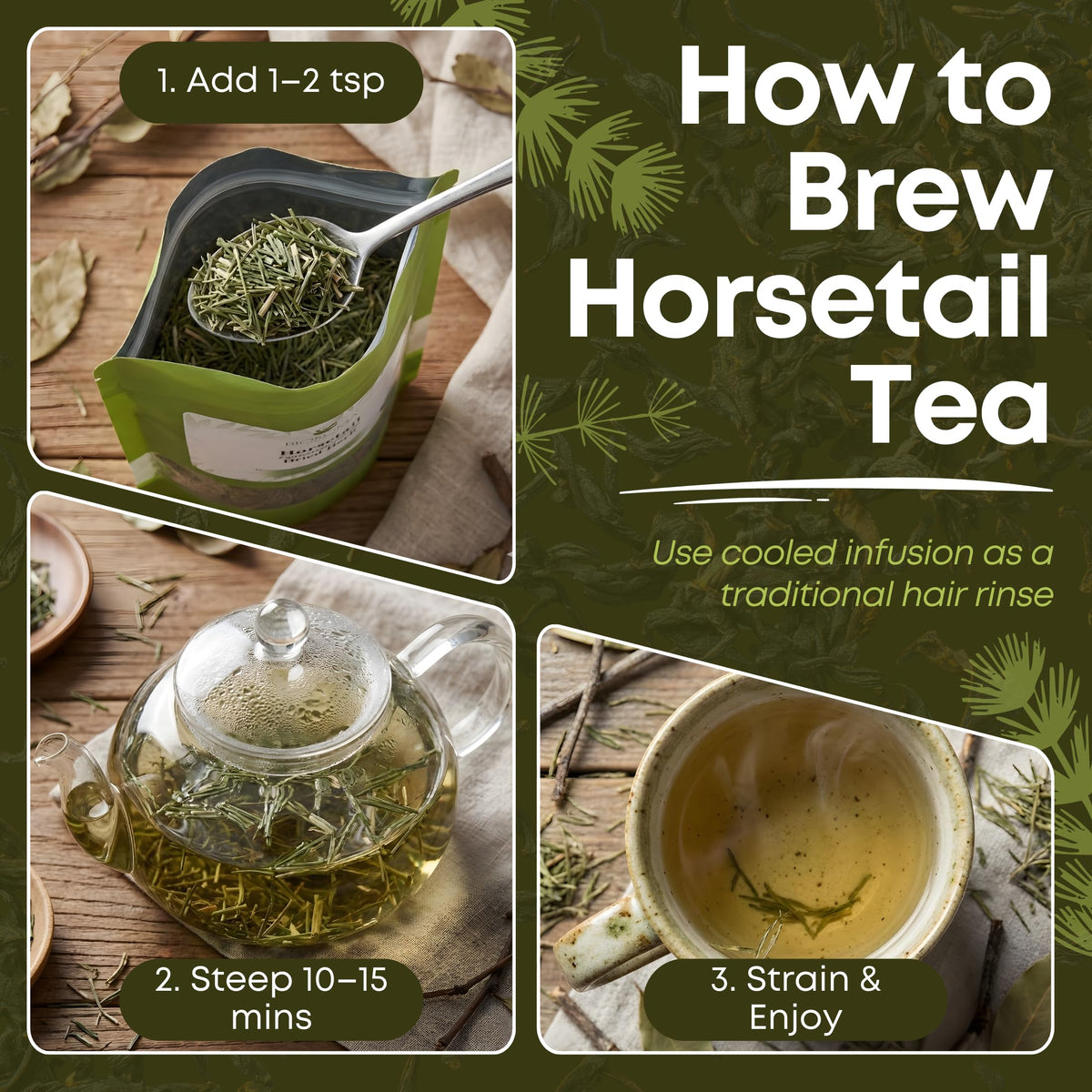 Hot water steeping Biokoma horsetail tea for a caffeine-free infusion.