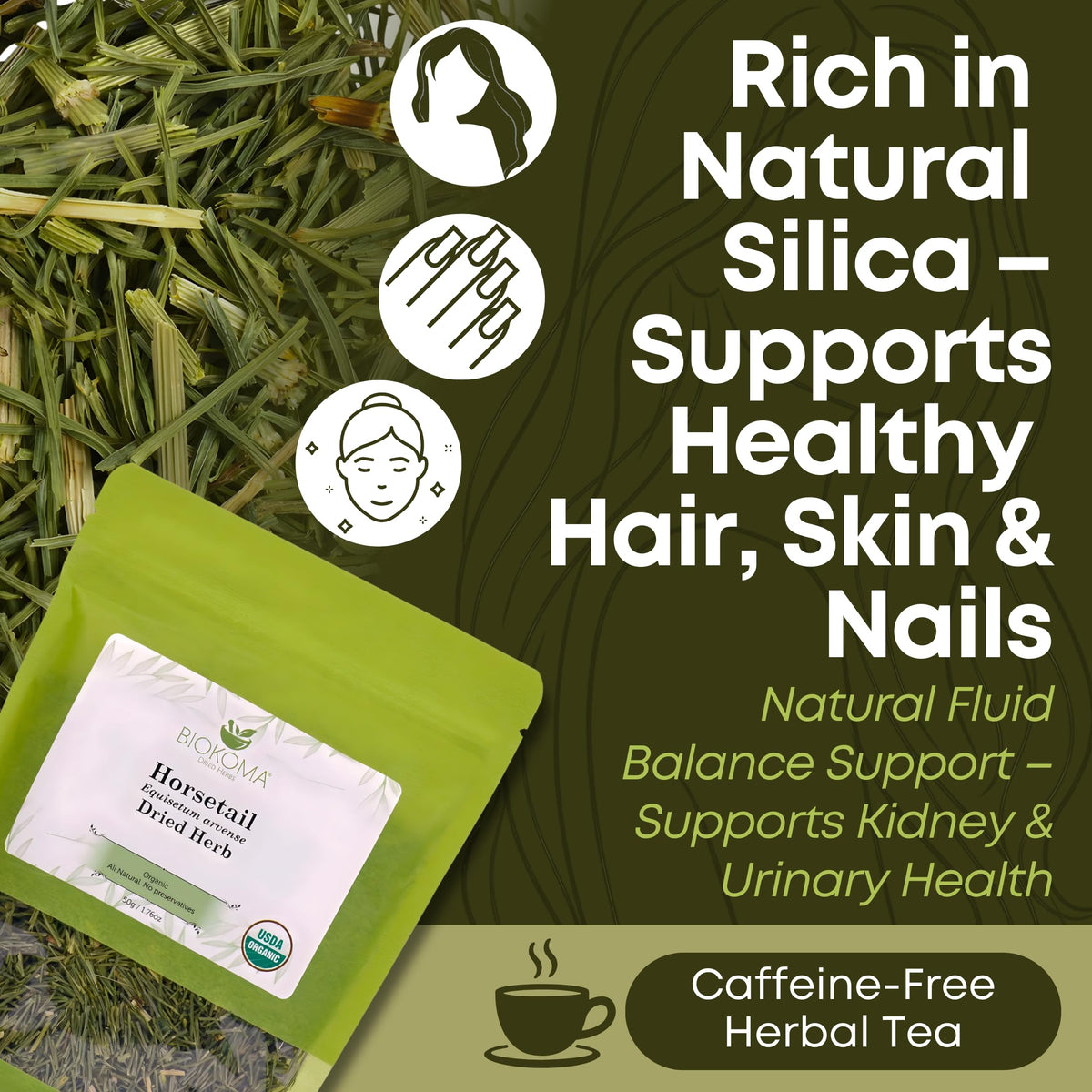 Front view of Biokoma organic horsetail tea packaging.
