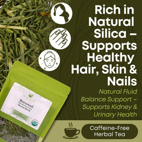 Front view of Biokoma organic horsetail tea packaging.