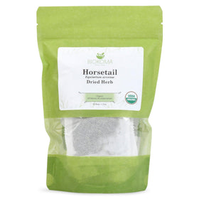 Biokoma Horsetail tea pouch front—pure organic herbal tea in resealable packaging.