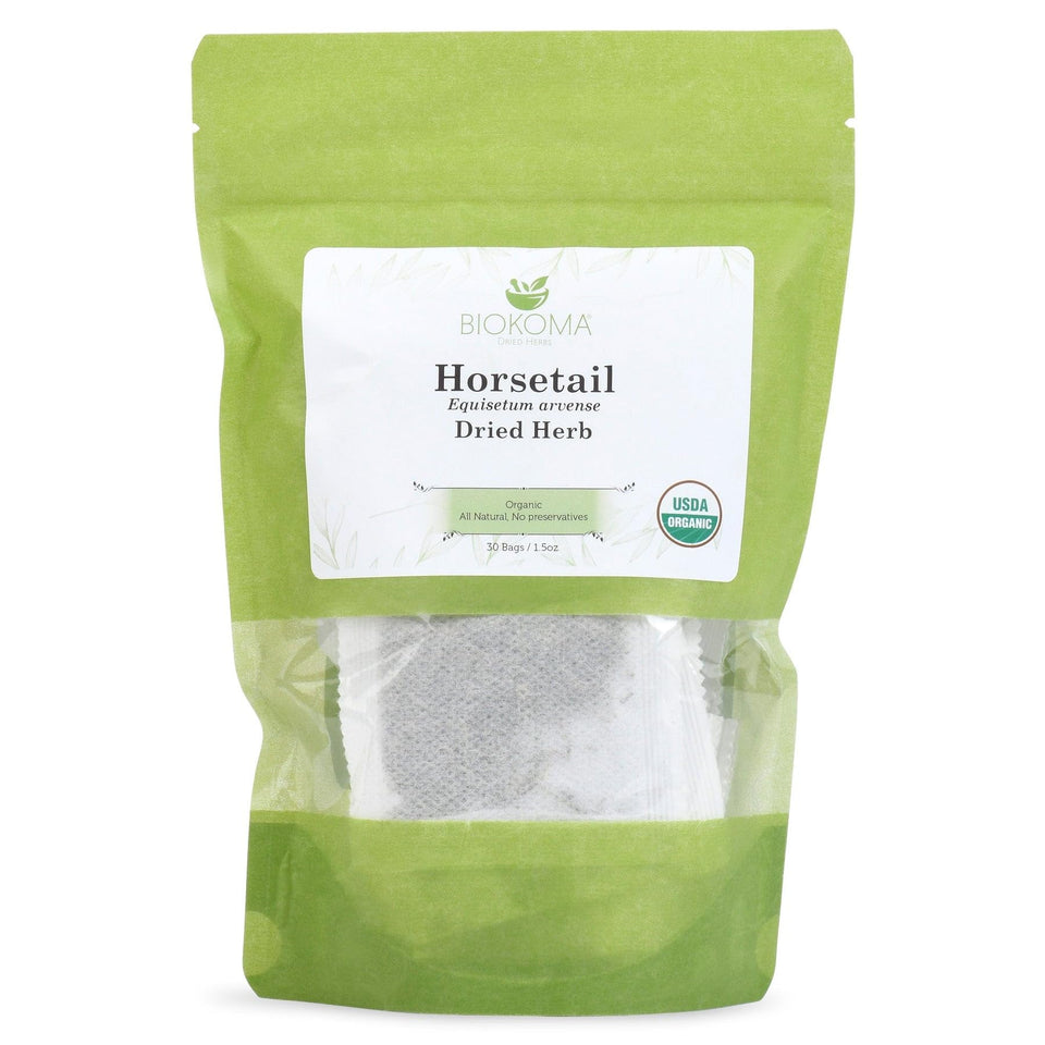 Biokoma Horsetail tea pouch front—pure organic herbal tea in resealable packaging.