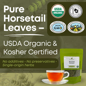 Biokoma resealable pouch preserving fresh horsetail tea leaves.