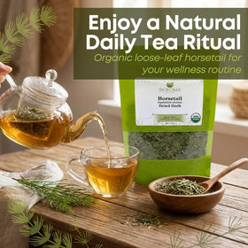 Steeped Biokoma horsetail tea in a cup with aromatic steam.