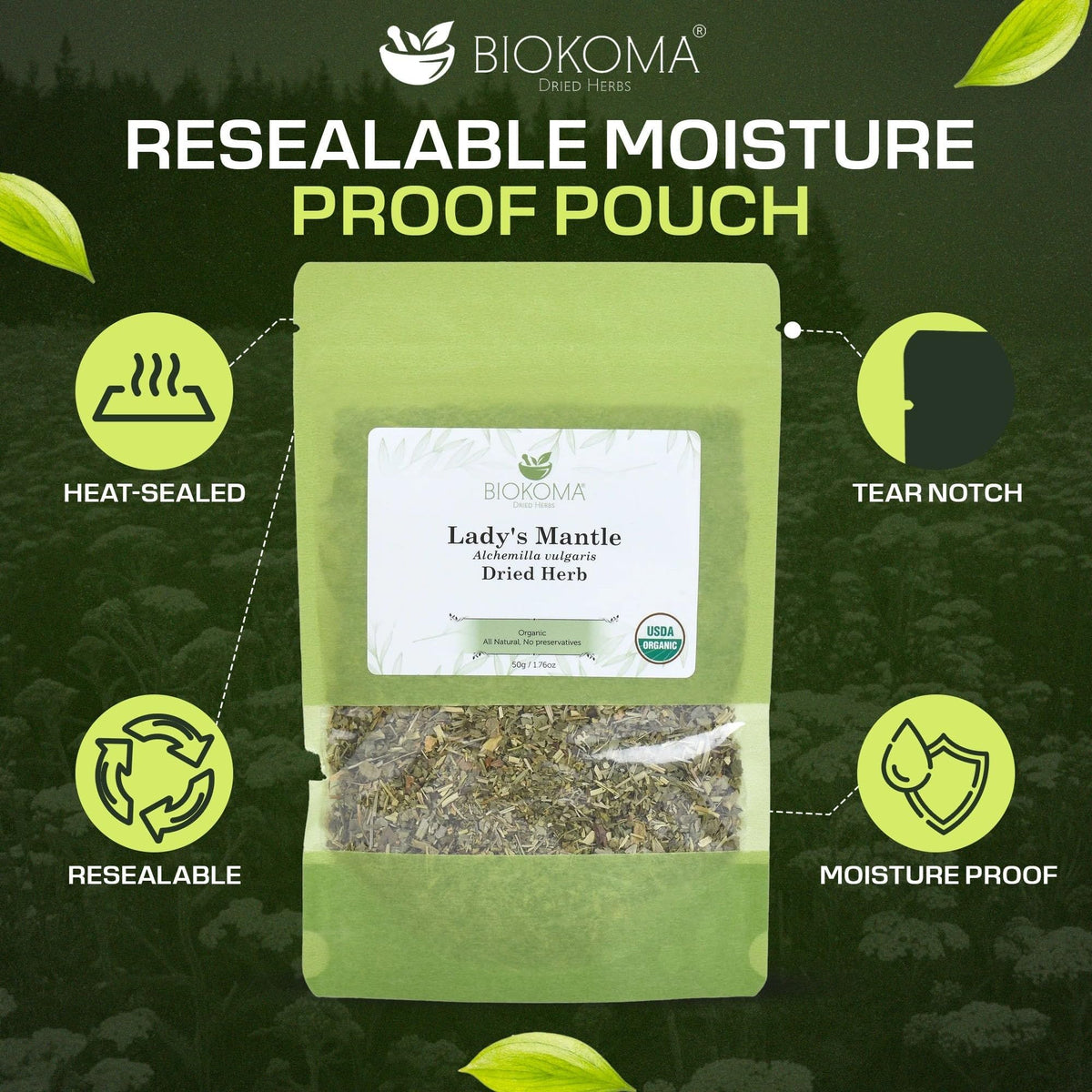 Biokoma Lady's Mantle resealable pouch preserves aroma and freshness