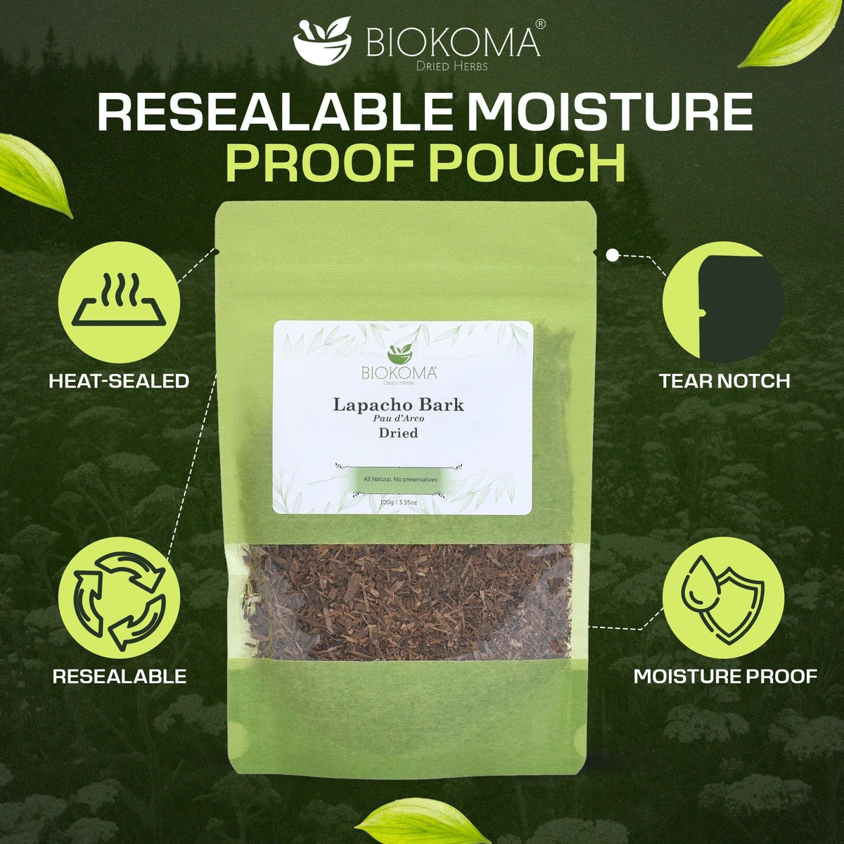 Biokoma Lapacho Bark packaging shows kosher certification and a clean ingredients list