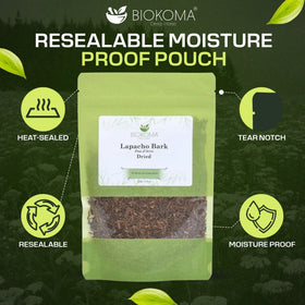 Biokoma Lapacho Bark packaging shows kosher certification and a clean ingredients list