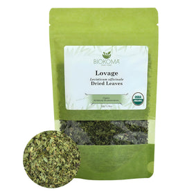 Biokoma Lovage dried leaves packaging, pristine herb for cooking and tea.
