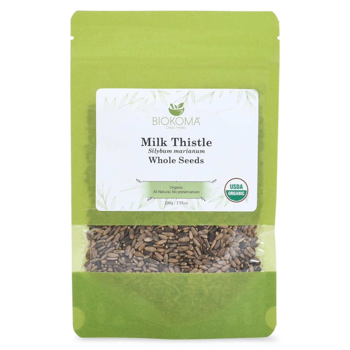 Biokoma milk thistle seeds in resealable pouch ready for fresh tea