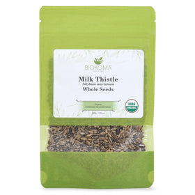 Biokoma milk thistle seeds in resealable pouch ready for fresh tea