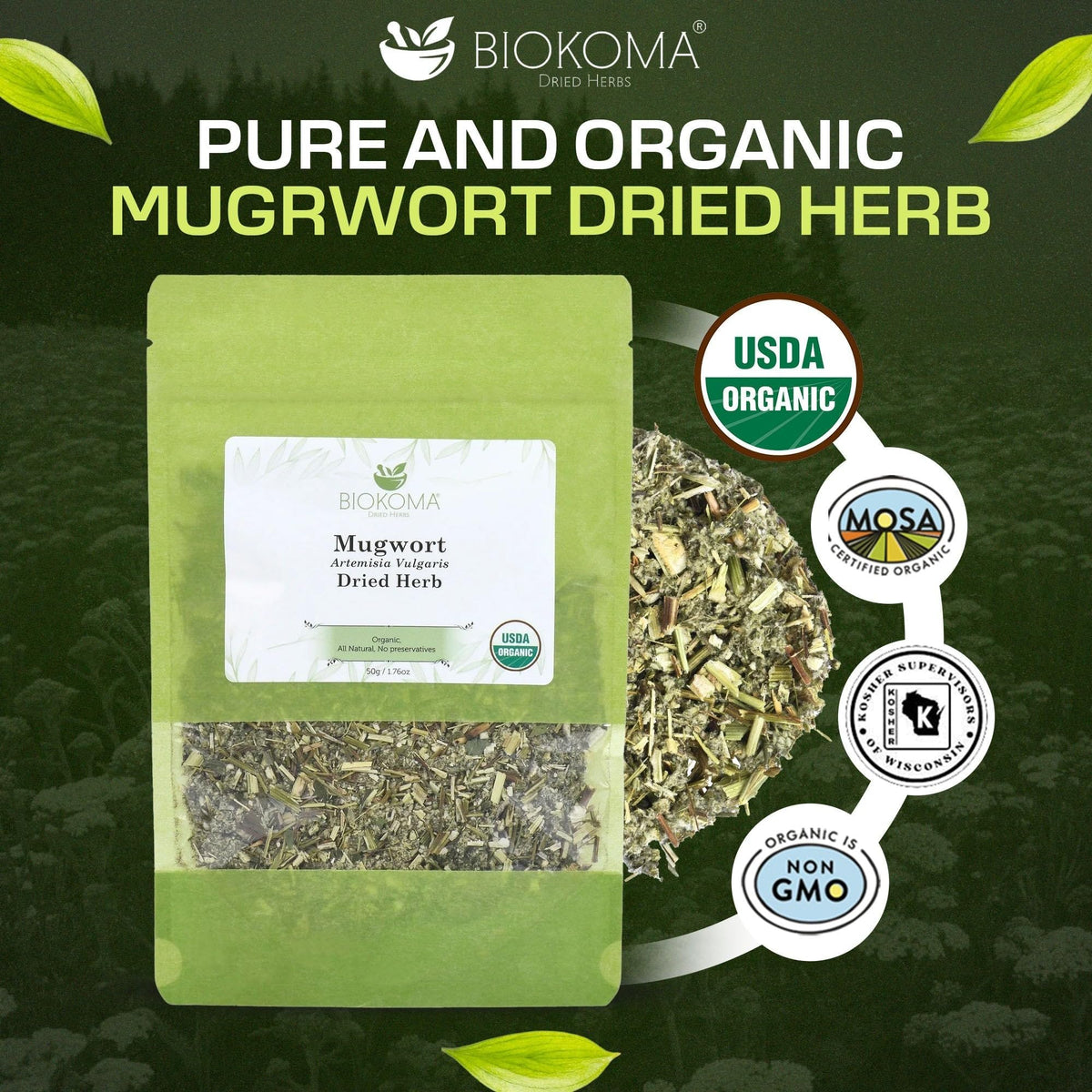 Biokoma mugwort organic label on packaging signaling purity for tea blends