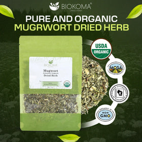 Biokoma mugwort organic label on packaging signaling purity for tea blends