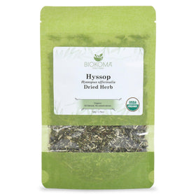 Biokoma organic hyssop dried herb packaging preserves freshness and aroma.