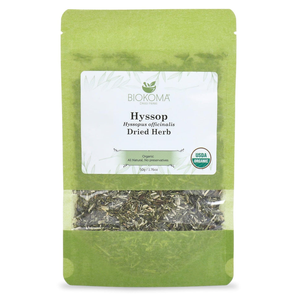 Biokoma organic hyssop dried herb packaging preserves freshness and aroma.