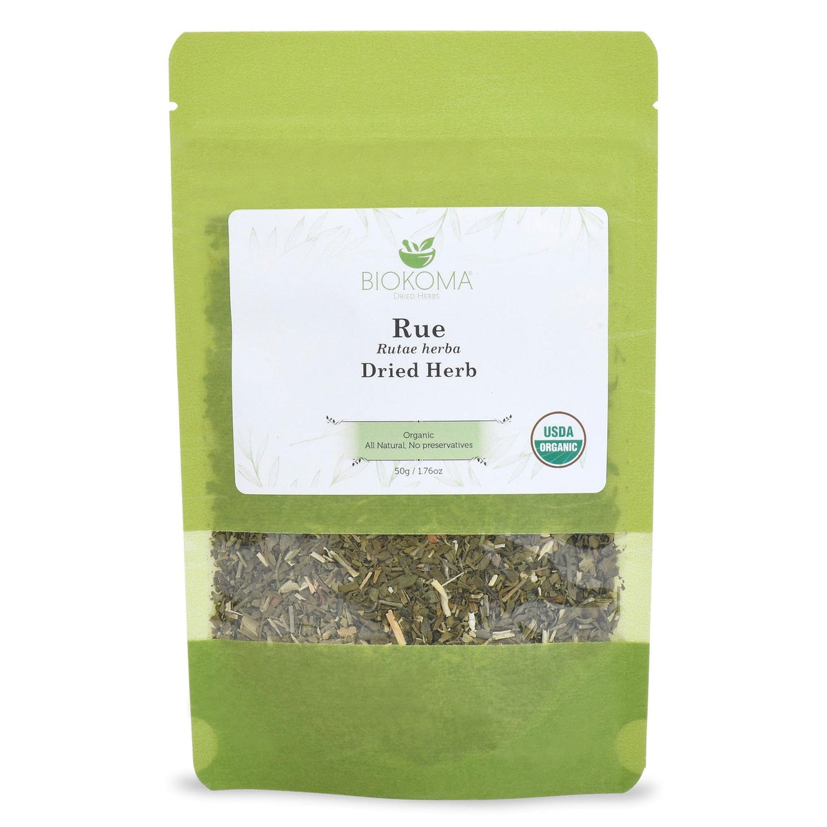 Biokoma Organic Rue dried herb packaging close-up shows premium quality
