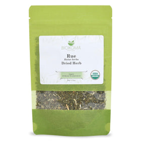 Biokoma Organic Rue dried herb packaging close-up shows premium quality
