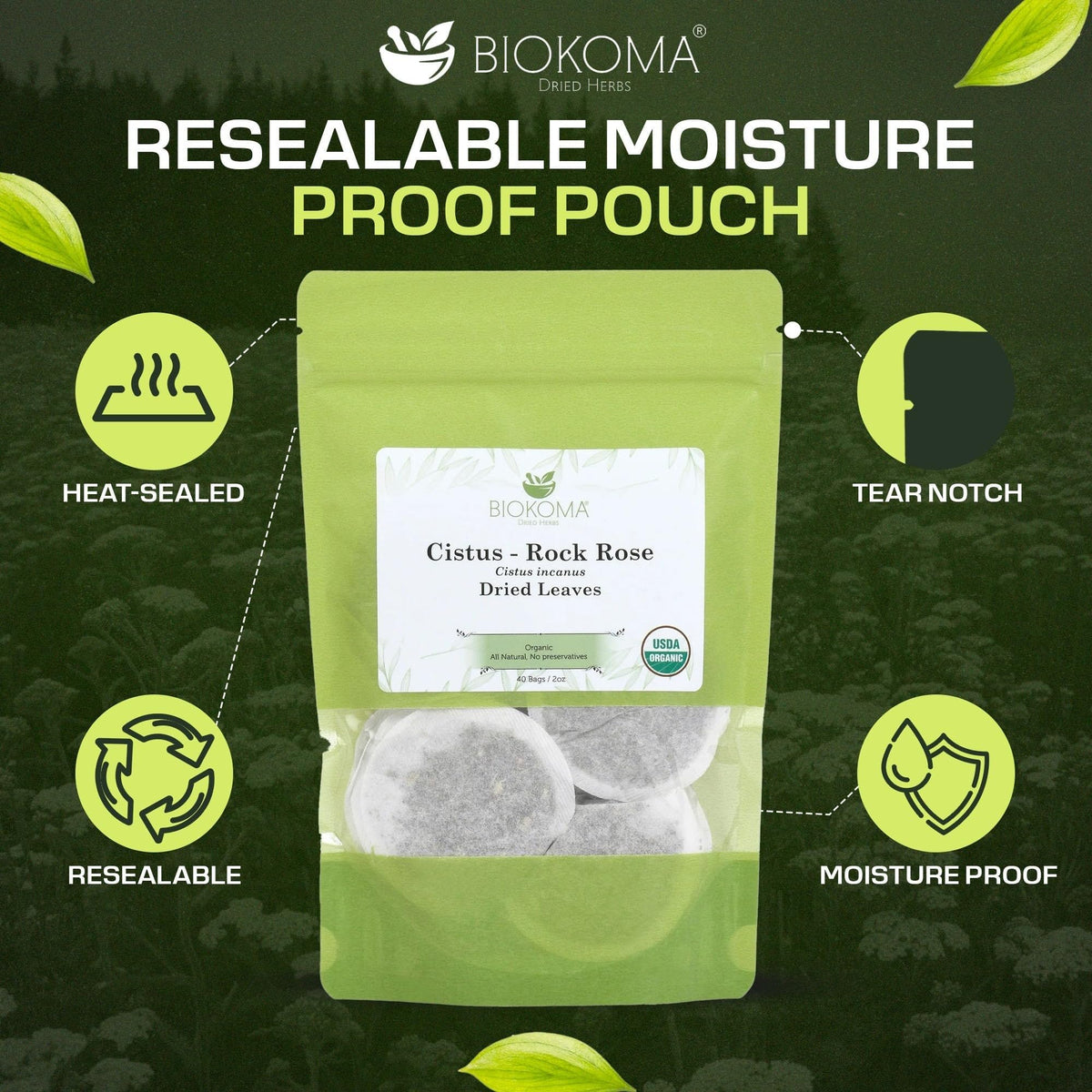 Organic Biokoma tea bags ready to brew a smooth, comforting cup