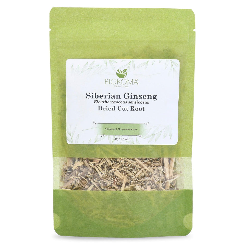 Biokoma Siberian Ginseng Root front pouch for freshness and easy storage.