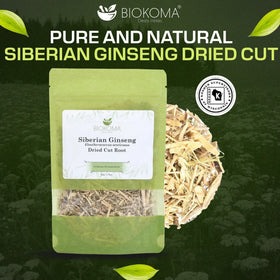 Biokoma Siberian Ginseng Root packaging close-up shows quality materials.