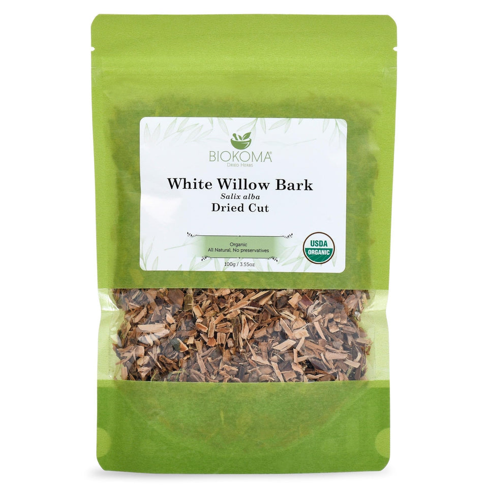 Biokoma White Willow Bark tea packaging with resealable pouch for lasting freshness
