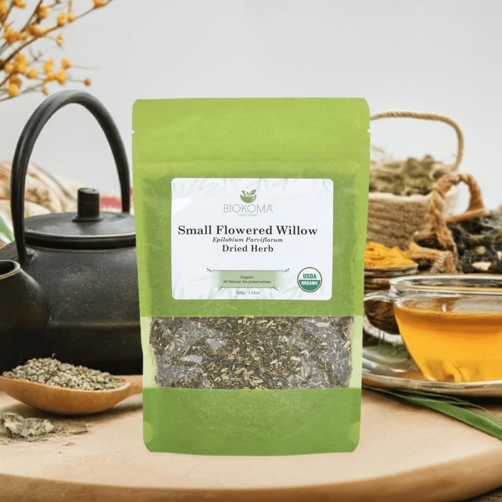 Biokoma dried willow herb with wooden scoop shows non-GMO, natural integrity.