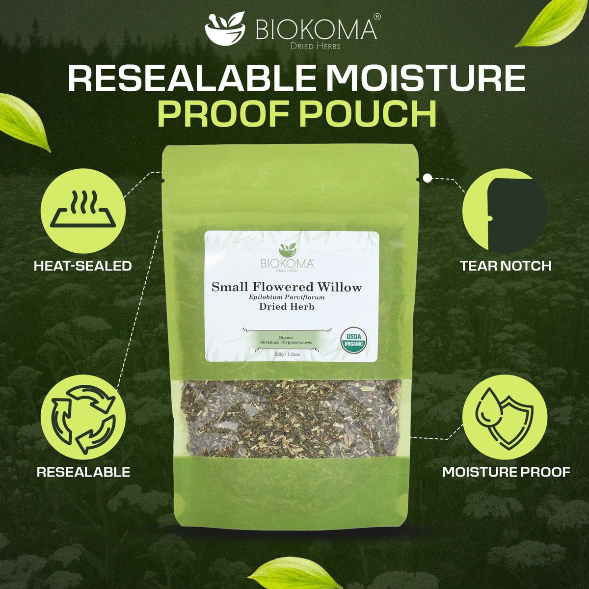 Biokoma resealable pouch preserves freshness and aroma for convenient herbal tea.
