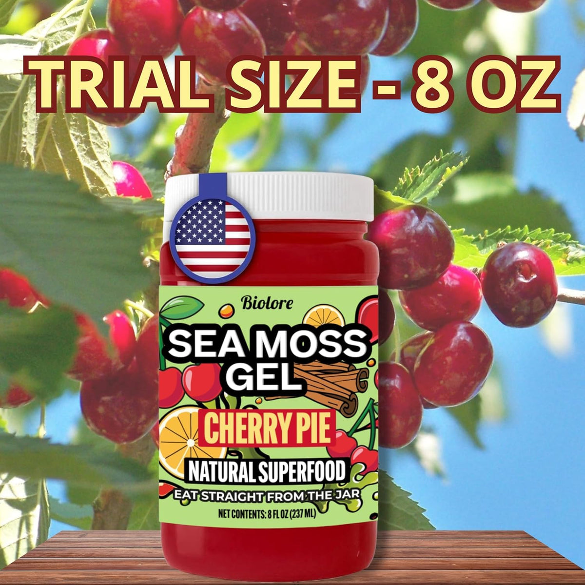 Biolore Sea Moss Gel Cherry Pie fruit purée detail showcases real fruit elements.
