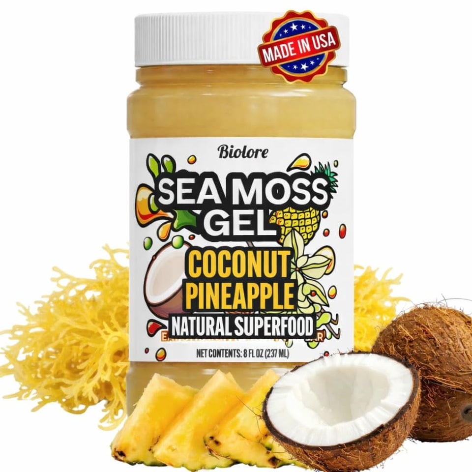 Biolore Sea Moss Gel Coconut Pineapple bottle showcasing tropical flavor and minerals