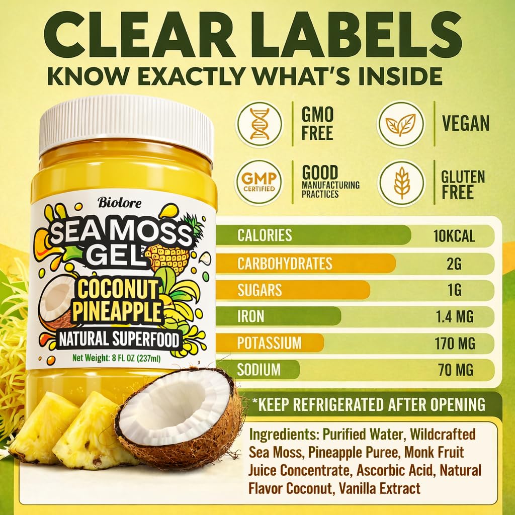 Biolore Sea Moss Gel Coconut Pineapple jar front highlights real fruit purée