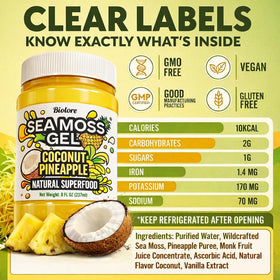 Biolore Sea Moss Gel Coconut Pineapple jar front highlights real fruit purée