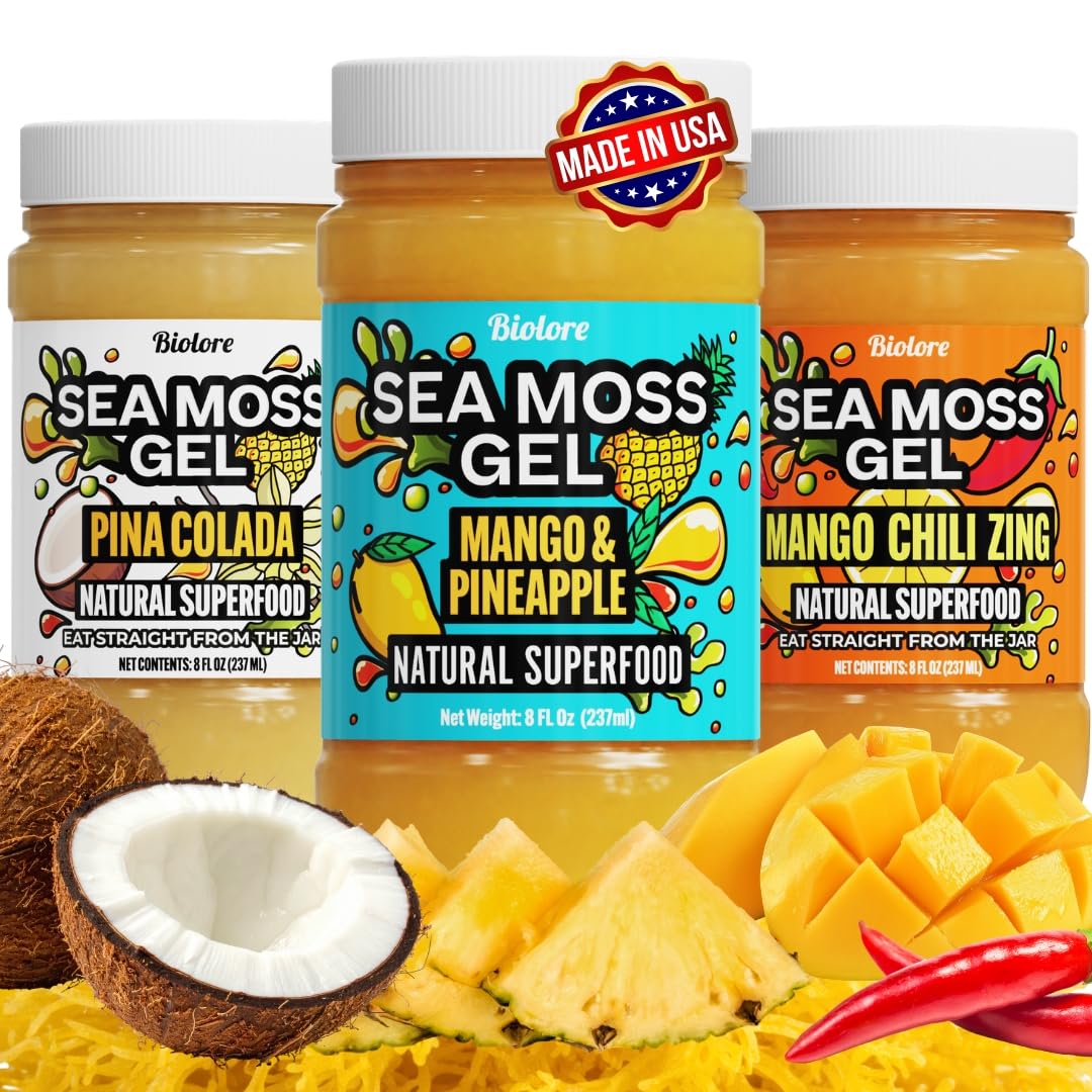 Biolore Sea Moss Gel Mango-Pineapple bottle with vibrant fruit flavors for daily hydration