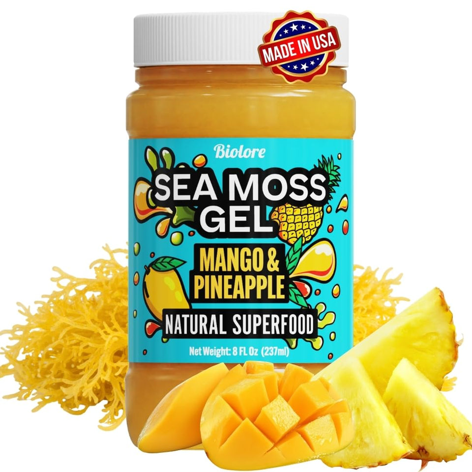 Biolore Sea Moss Gel Mango Pineapple jar with real fruit puree, perfect for smoothies