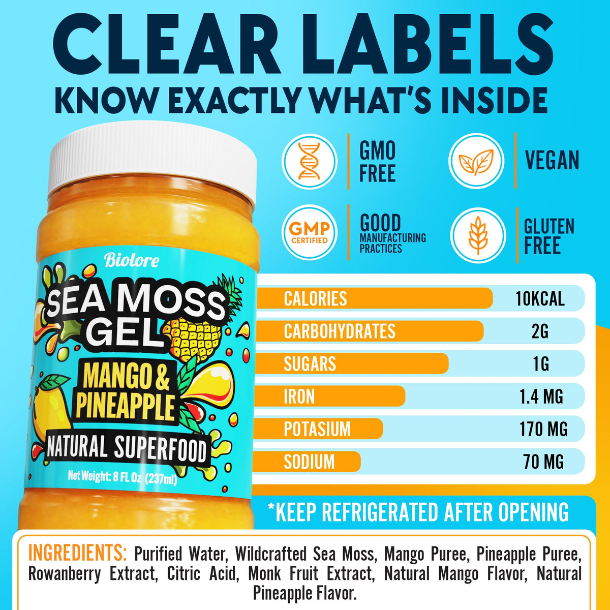 Biolore Sea Moss Gel Mango Pineapple close up showing real fruit puree