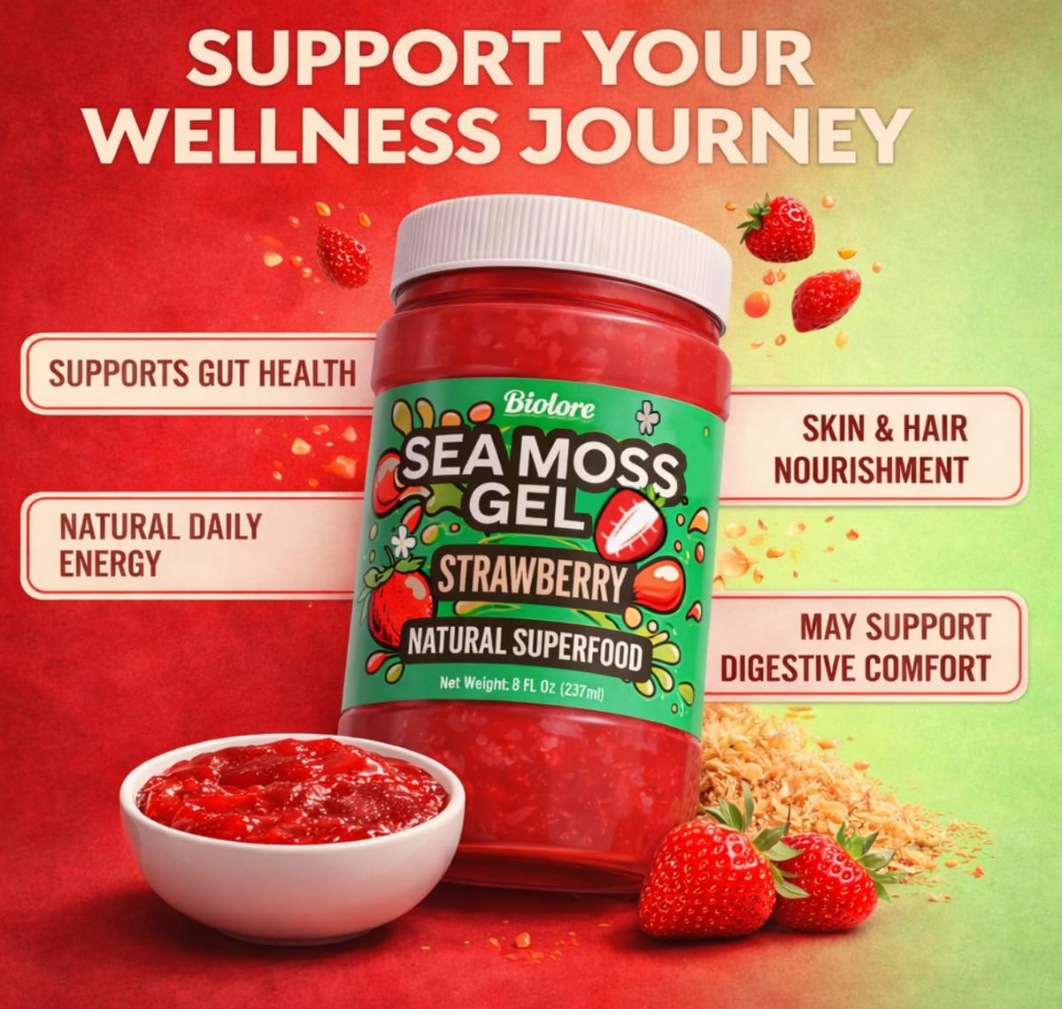 Biolore Sea Moss Gel Strawberry fridge storage keeps freshness after opening.