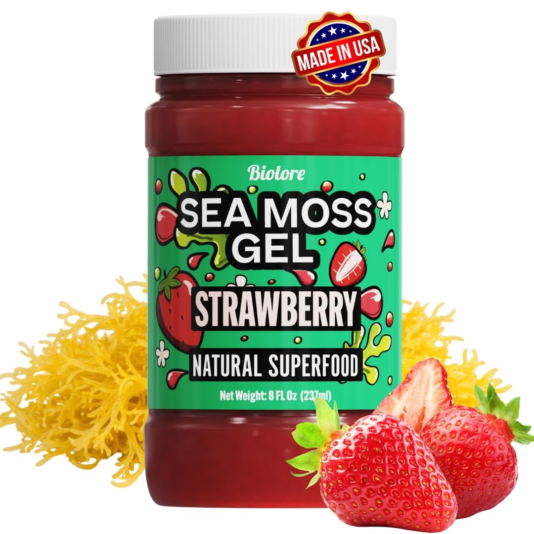Biolore Sea Moss Gel Strawberry jar showing real fruit flavor and sea moss texture.